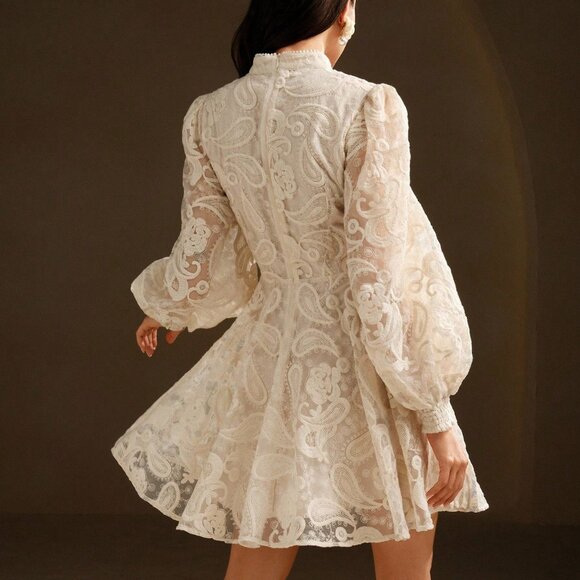 Apricot Elegant Women's Christmas Dress with Stand Collar & Floral Embroidery - Picture 2 of 9